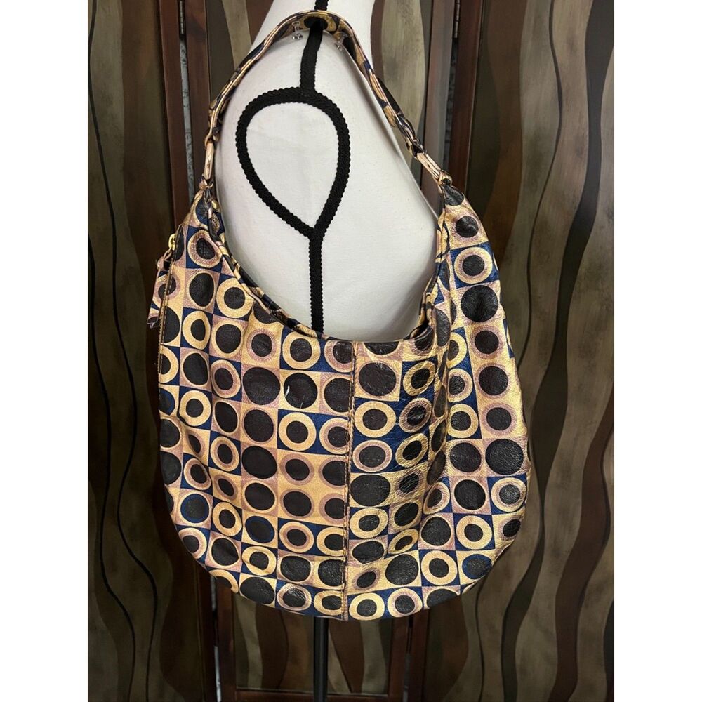Vintage Hobo Gabor blue, black and gold metallic hobo-style/slouchy shoulder bag